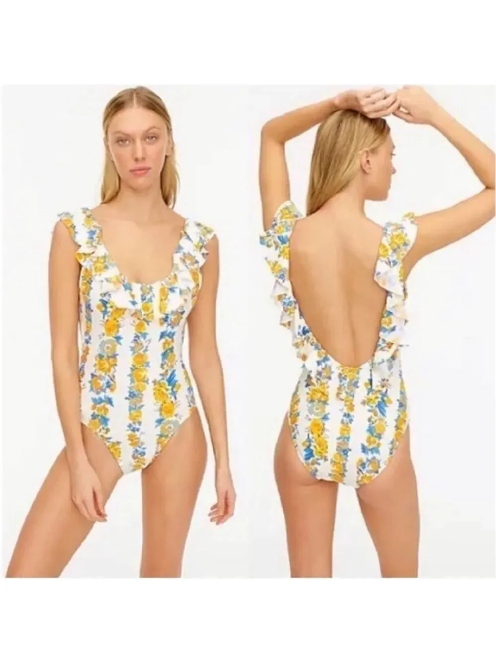 J. Crew Ruffle Scoop Back One Piece Swimsuit in Floral Blossom Striped